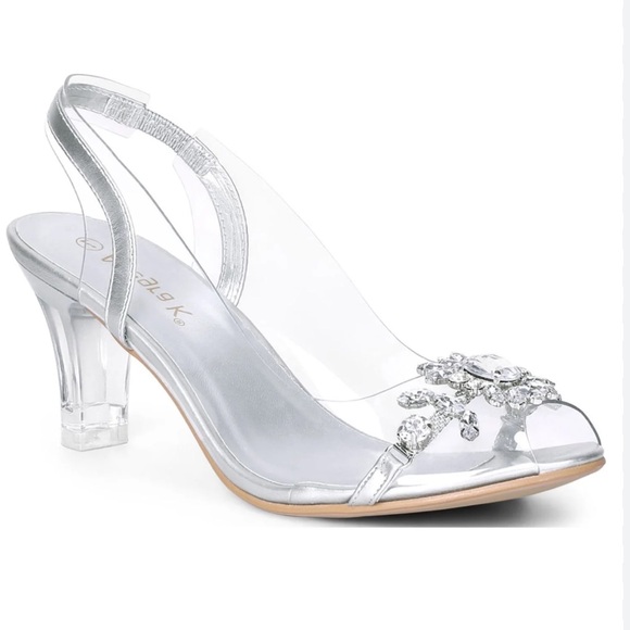 Allegra K Shoes - Allegra K Clear Slingback Flower Rhinestone Block Heel Sandals Size 9